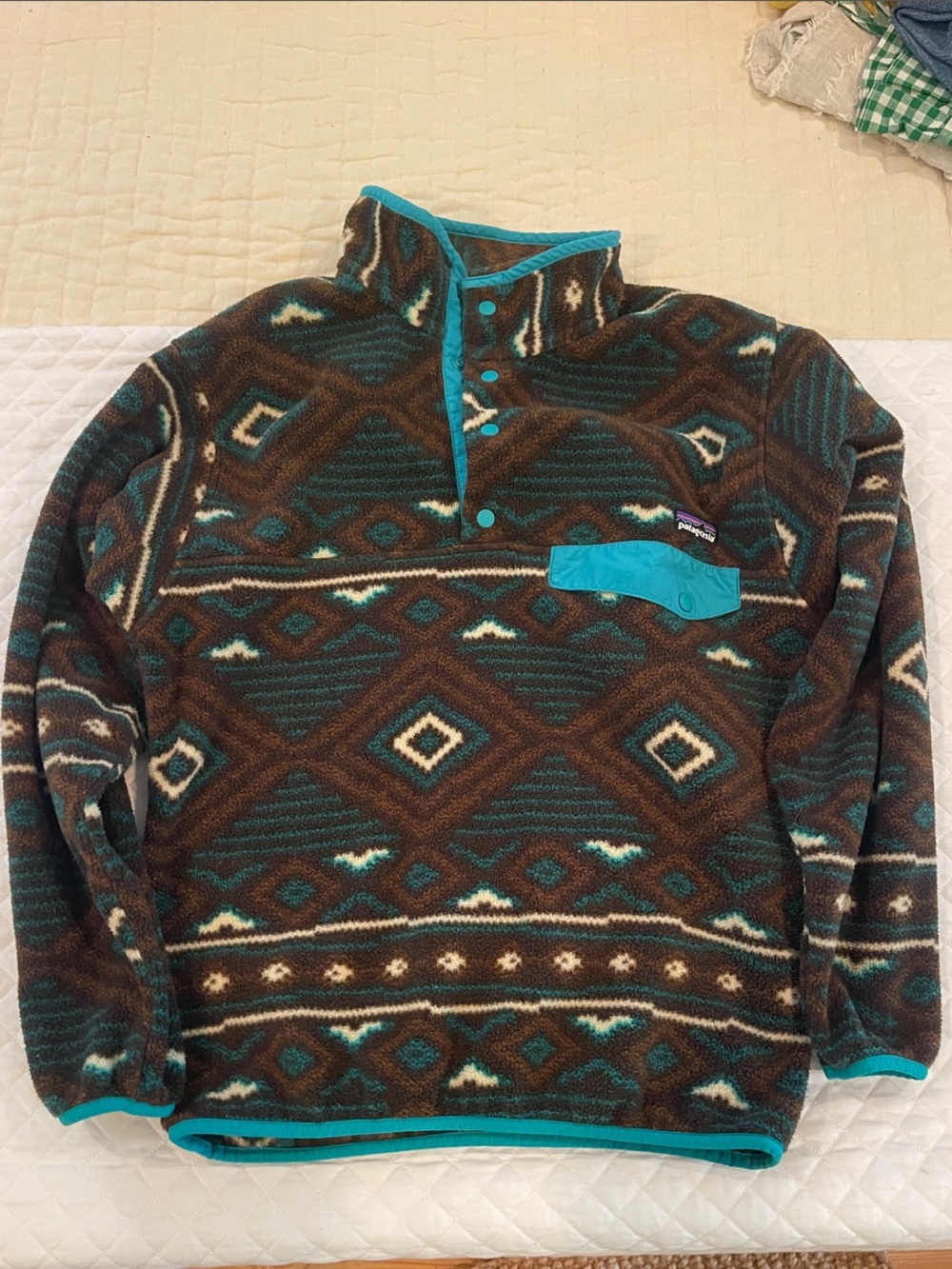 Patagonia Brown & Teal Patterned Zip-Up Fleece Pullover
